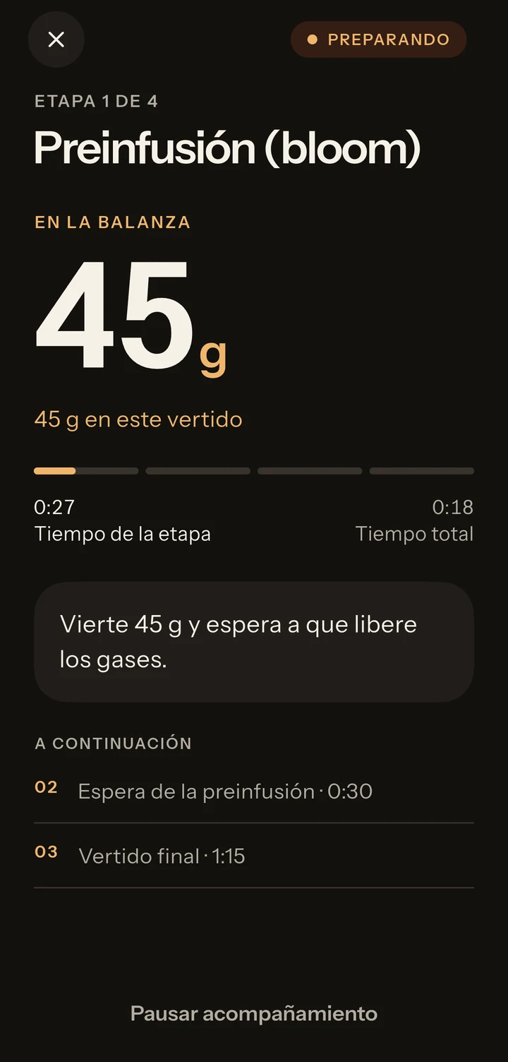 Brew Mode de Baristat con temporizador e instrucción del paso actual
