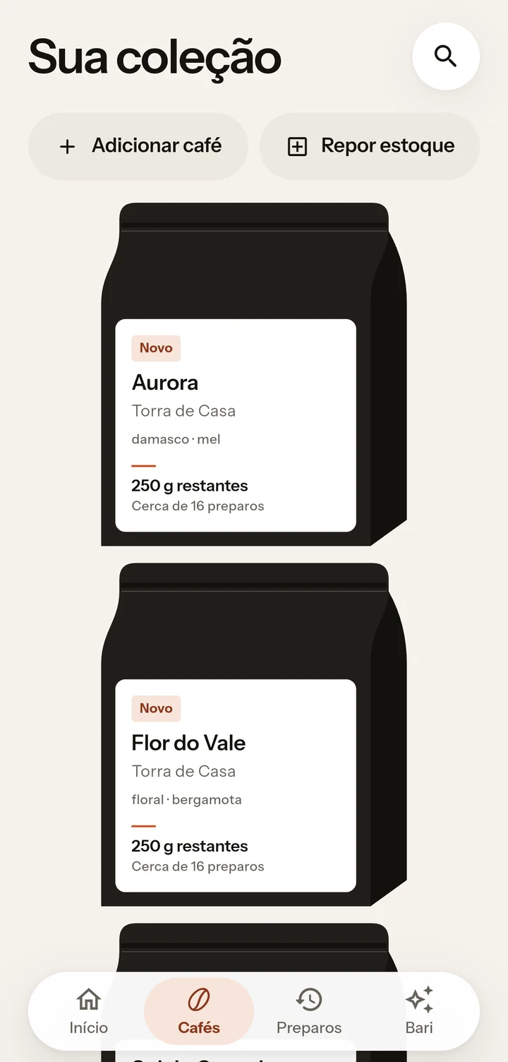 Cafés no Baristat, com sacolinhas distintas e estoque disponível