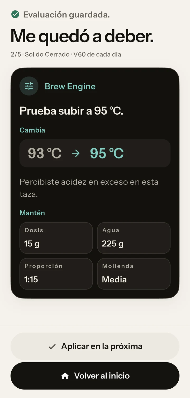 Resultado real de Brew Engine con recomendación de una variable