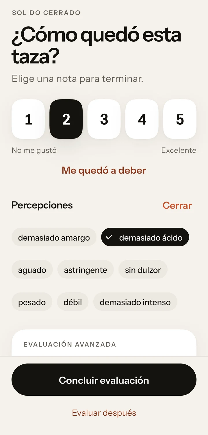 Evaluación de un café con satisfacción y percepciones sencillas