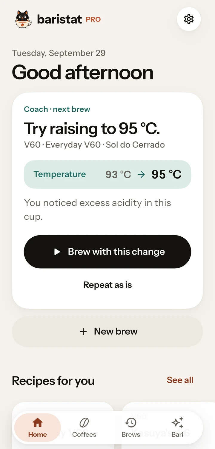 Baristat home with selected coffee, recipe and brewing history