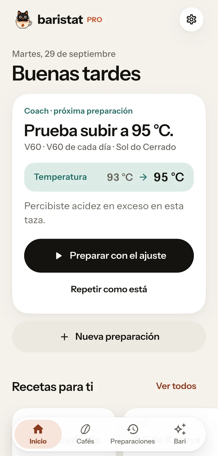 Inicio de Baristat con café seleccionado, receta e historial