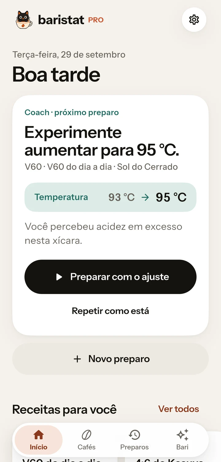 Home do Baristat com café selecionado, receita e histórico de preparos